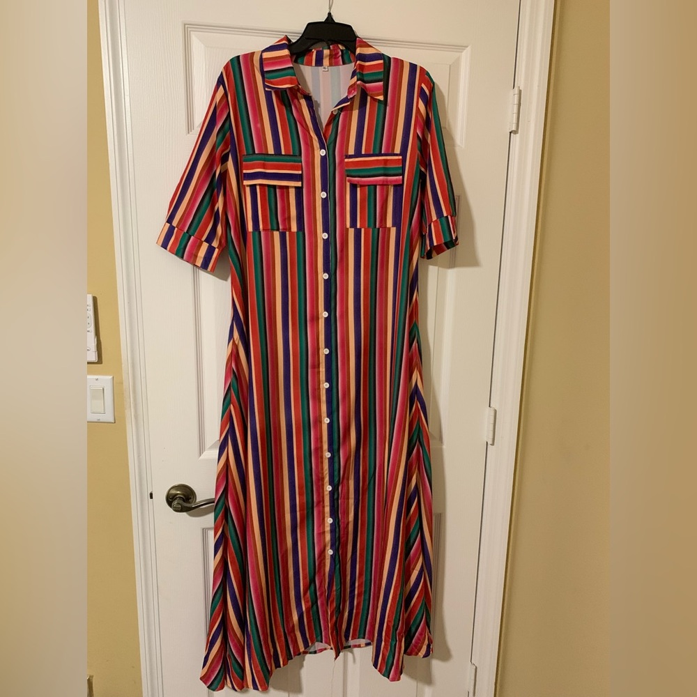 Striped Multicolored 3/4 Sleeve‎ Buttoned Up Shirtdress Size XL Boho Cottagecore